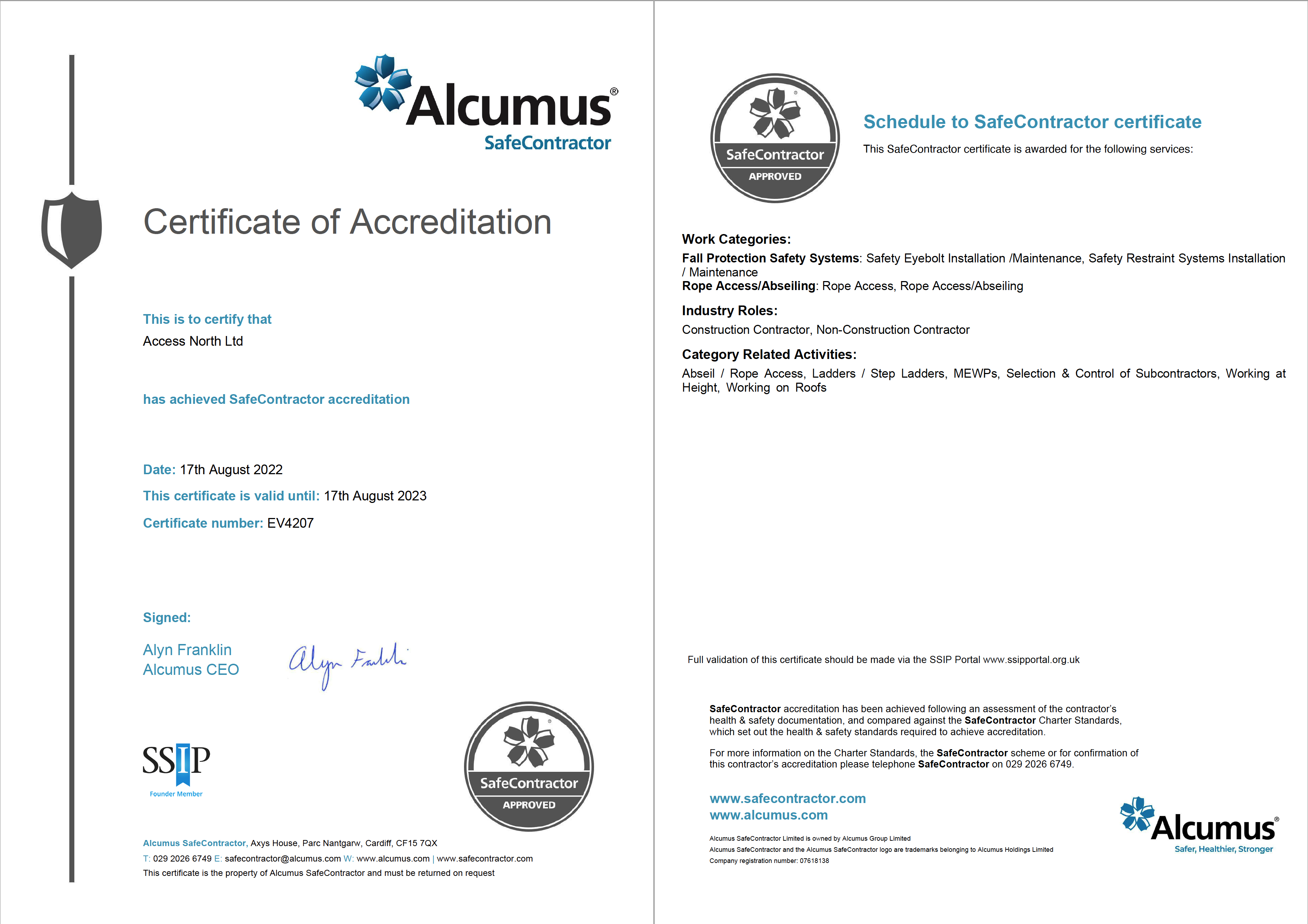 Access North Safecontractor Certificate - EXP17-08-2023
