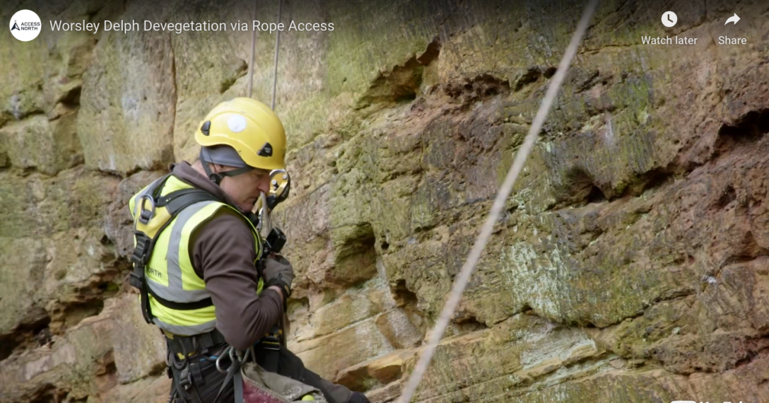 Still from video filmed by Air TV, showing the Access North Team clearing vegetation at Worsley Delph in 2022