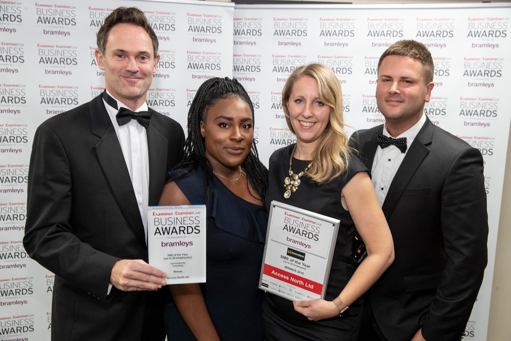 Examiner Business Awards 2019: L-R: Daniel Northcott, Naomi Collins & Berenice Northcott (Access North Ltd), Dan Bamforth (Towndoor - Sponsors)